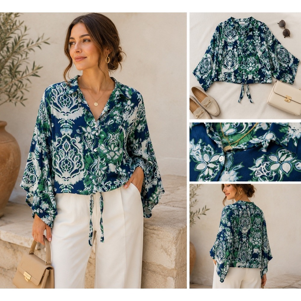 Nicole Miller New York Women Blue Green Floral Tie Front Cropped Blouse Small